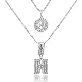 MEIITRUE Initial Letter Necklace for Women 14k White Gold Silver Plated Dainty Necklaces Trendy Chunky Custom Layered Necklace Set Personalized Round Circle Zirconia A-Z Letter Chain Pendant Jewelry Gift