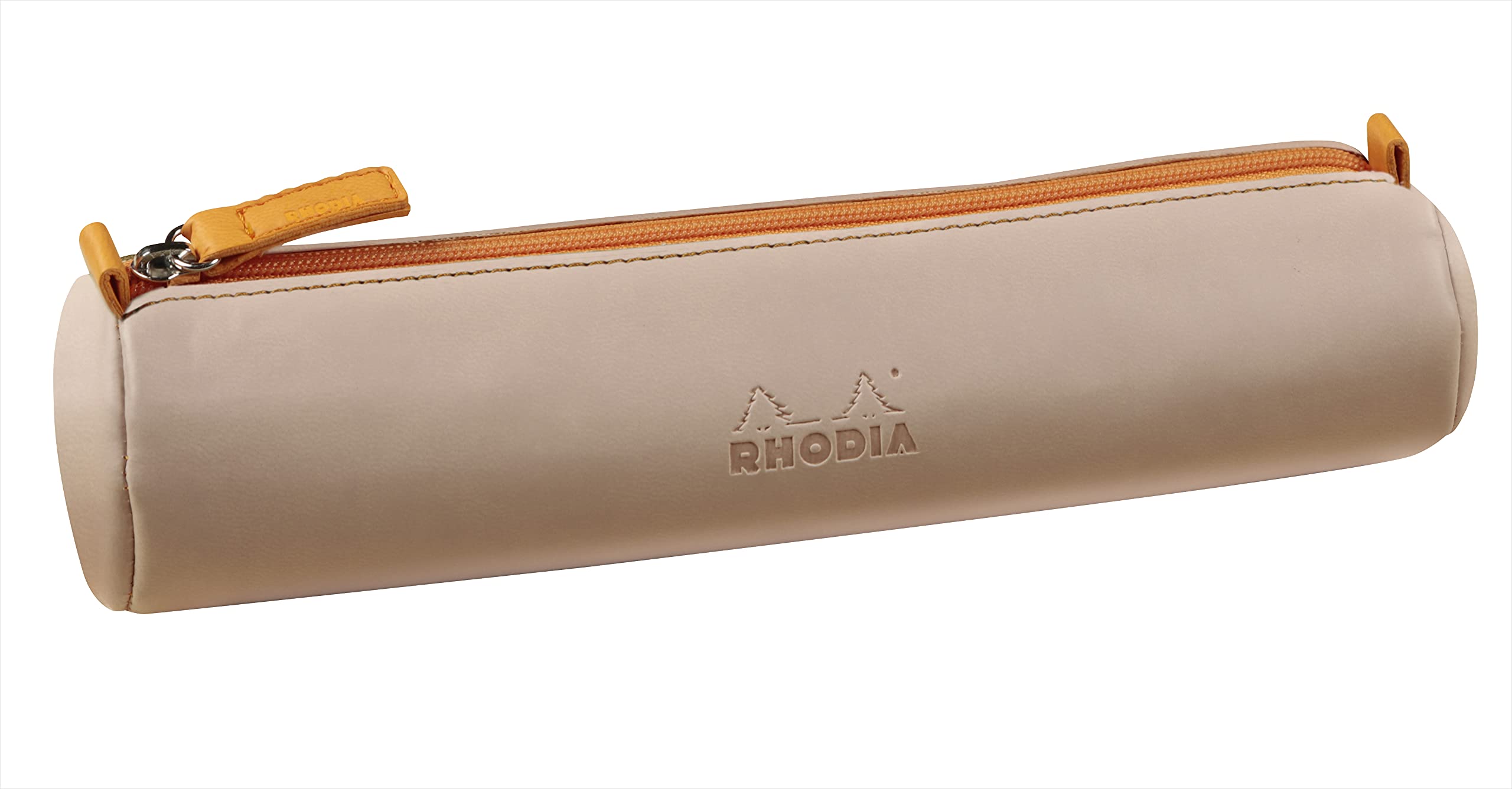 RHODIA 319003C - Rhodiarama Touché de Rose Round Pencil Case - 21.5 x 5.5 cm - Genuine Orange Stitching - Ivory Jersey Interior - Faux Leather - Storage for Pens, Pencils, Markers, Small Supplies