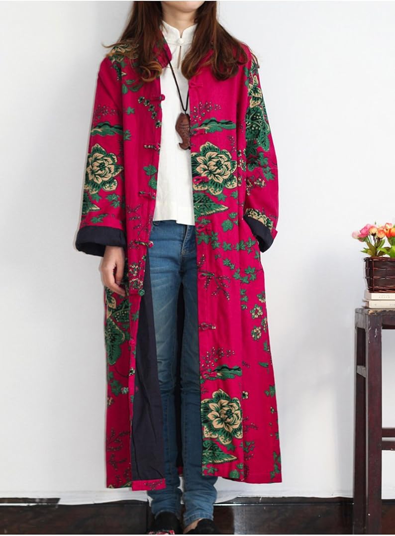LZJN Women Trench Coat Floral Print Long Jacket with Pockets (Red): Clothing