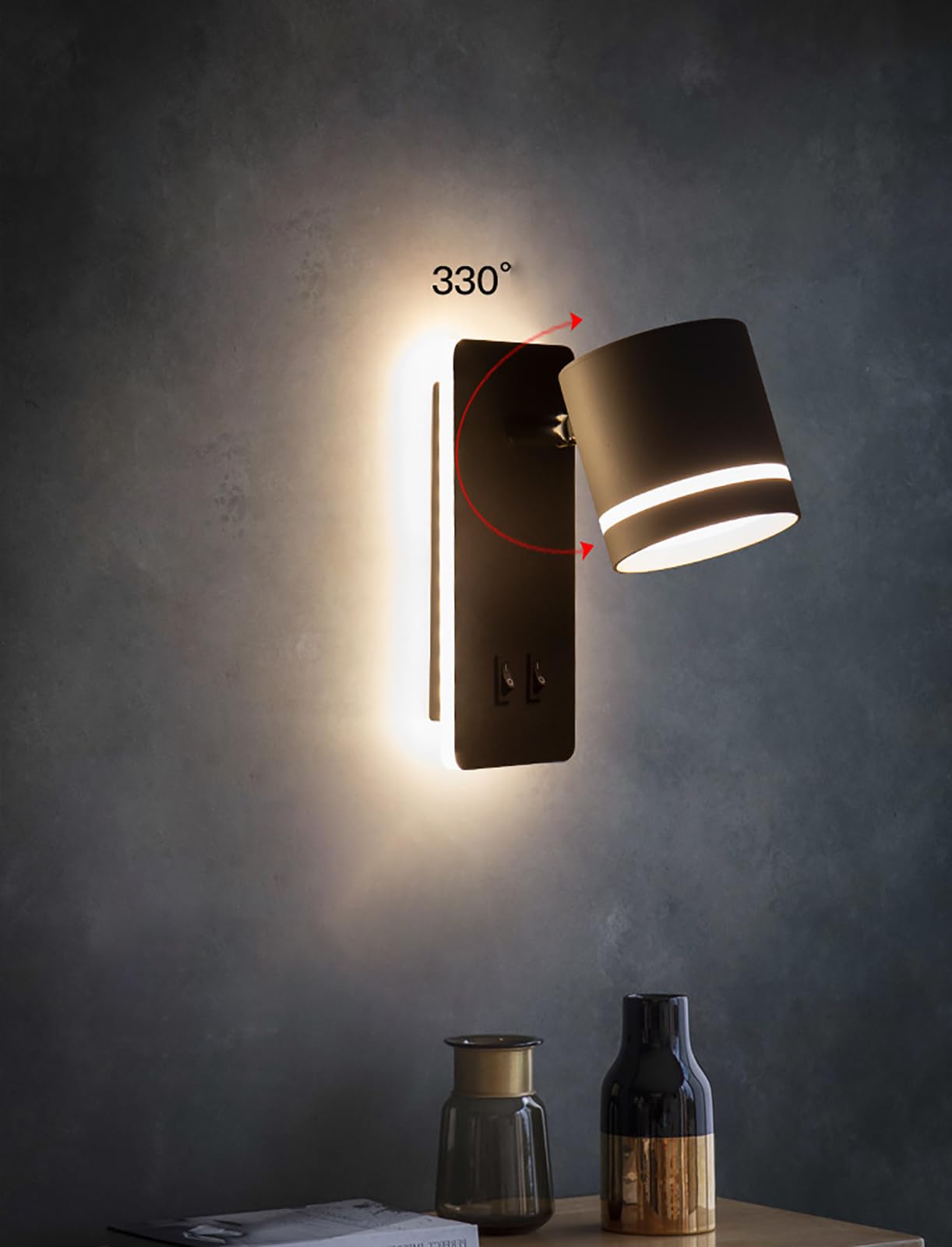 GUSGL Modern Plug in Wall Sconce，Bedroom LED Wall Mounted Reading Lights Adjustable 9W Spotlight +6W Background Light 3000K
