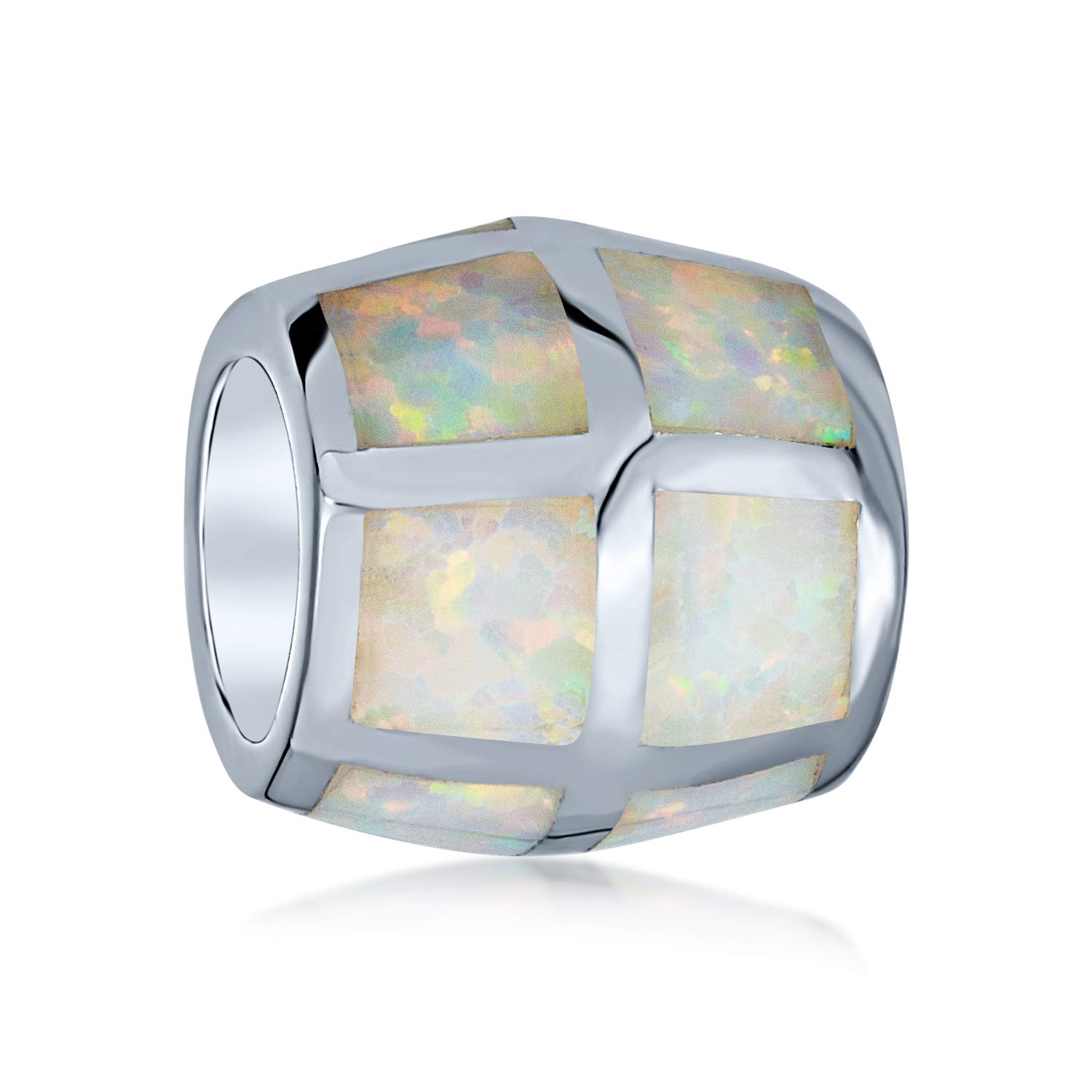 Bling Jewelry White Created Opal Inlay Barrel Charm Bead For Women For Teen .925 Sterling Silver Fits European Bracelet
