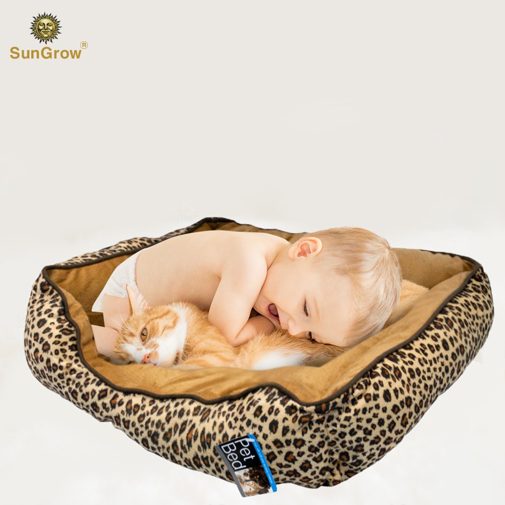 Cozy and Attractive Leopard Print Pet Bed by SunGrow - Easy to Clean Plush Luxury Lounge Bed - Conveniently sized at 20”x19”x5” to provide Comfort and Security to Small or Medium Sized Cats and Dogs