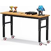 60 in Garage Work Bench with Wheels, GarveeTech Adjustable Height Solid Wood Work Bench Table, Max. 2200 LBS Capacity Heavy Duty Work Station for Garage, Shop, Home, Office