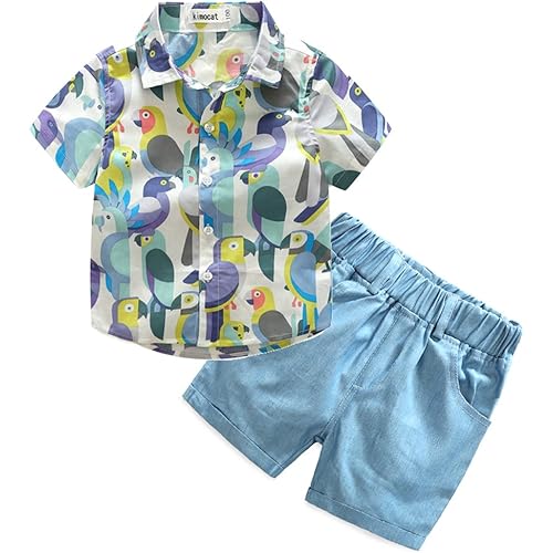 Kimocat Summer Casual Clothing Set Blue Print Button-Down Shirt Short Sleeve Pants for Boys