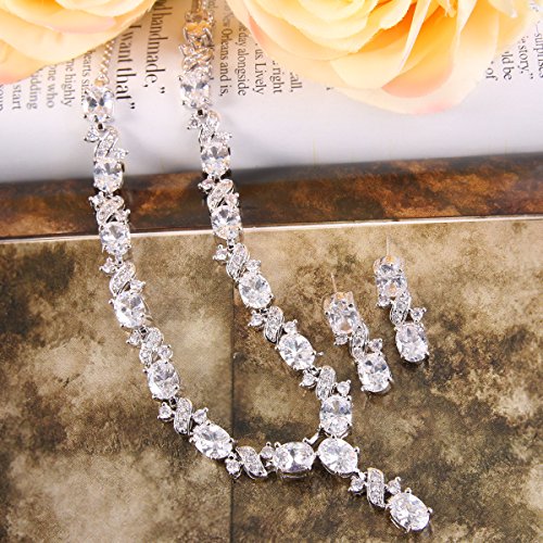 EleQueen Women's Silver-tone Cubic Zirconia Oval Shape Leaf Necklace Earrings Set For Brides And Weddings Clear
