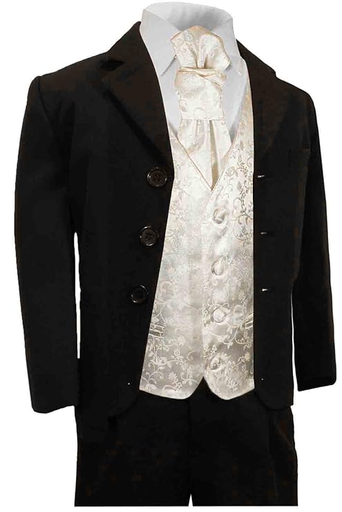 Paul Malone - Festlicher Kinderanzug (tailliert) schwarz Uni + Ivory Elfenbein Hochzeit Weste + Plastron