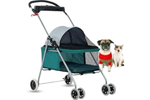 DKELI Dog Stroller Pet Stroller Cat Strollers Jogger Folding Travel Carrier Durable 4 Wheels Doggie Cage with Cup Holders 35Lbs Capacity Waterproof Puppy Strolling Cart for Small-Medium Dogs, Cats - Teal