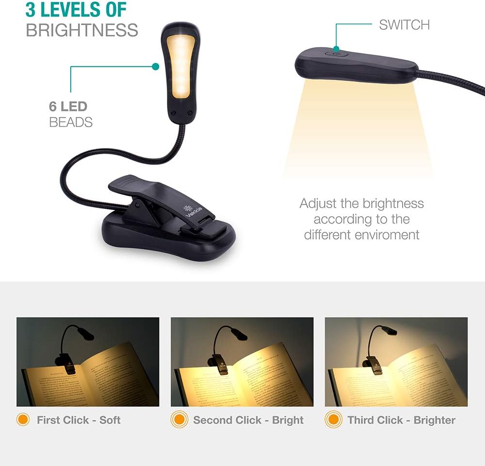 Vekkia Book Light Set with Charger, Clip on Reading Light in Bed with 3 Brightness, Up to 60 Hrs, Rechargeable, Eye-Care Warm LED for Read Before Bed. Perfect Gift Choice（Incl Travel Case, Cable): Home Improvement