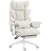 Dowinx Big and Tall Office Chair with Pocket Spring Cushion,High Back Computer Gaming Chairs with Adjustable Armrests,Executive Desk Chairs with Lumbar Support and Footrest,PU -White