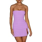 VASAUGE Women's Sexy Tube Top Side Slit Mini Dress Strapless Ruched Bodycon Party Club Short Dresses