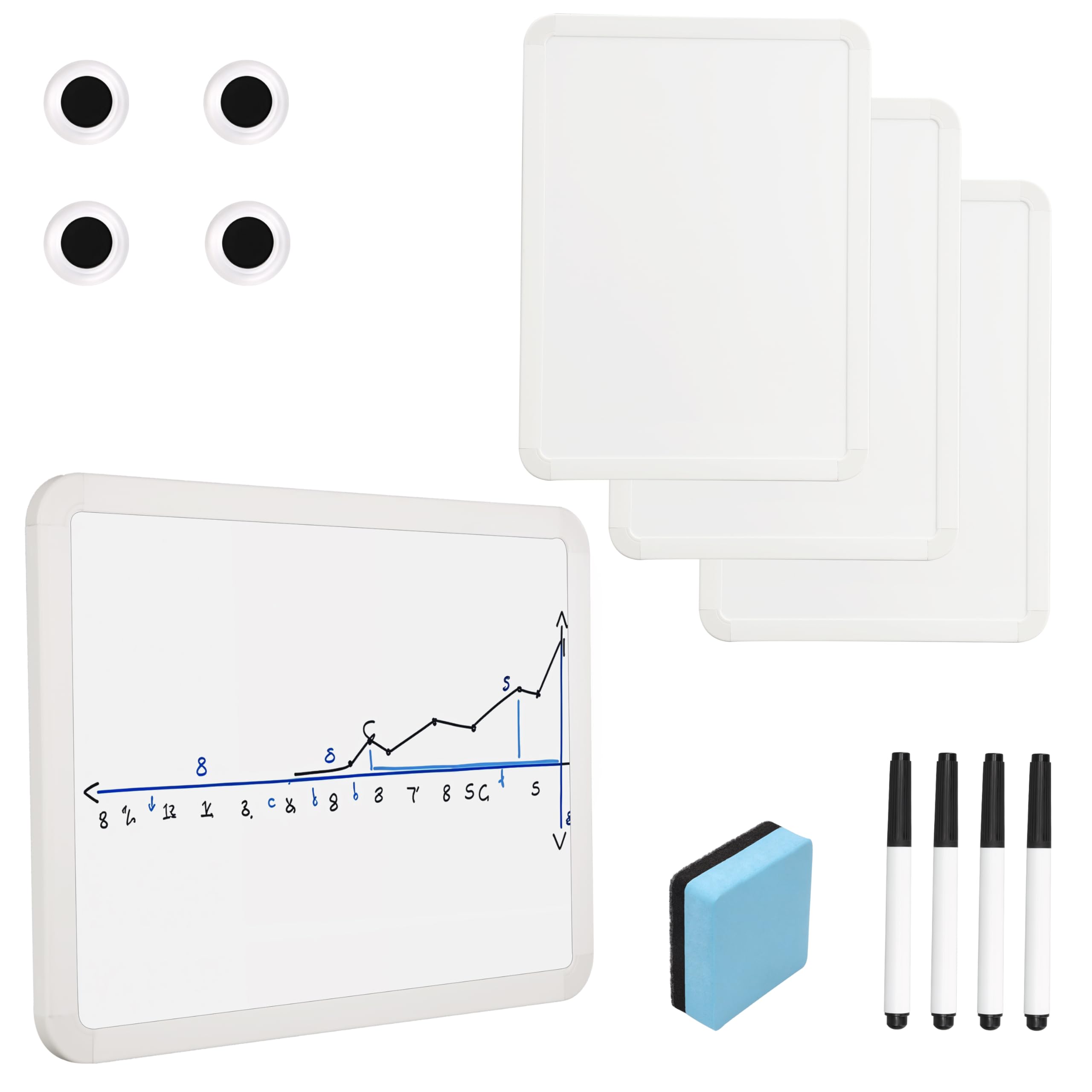 Belle Vous (4 Pack) Mini Magnetic Whiteboards with 4 Black Marker Pens, Magnets & Eraser - Double-Sided Portable Dry Erase Boards for School Students & Office
