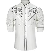 Uezjymi Mens Western Cowboy Shirt Embroidery Slim Fit Long Sleeve Button Down Shirt