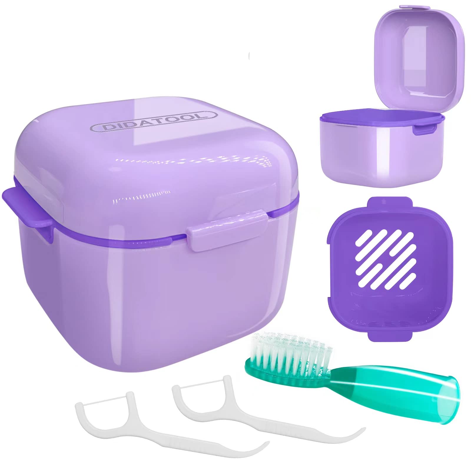 DIDATOOL Retainer Case, Denture Bath, Denture Cups for Soaking Dentures, Denture Pots with Lid, Easy to Carry and Clean Denture Case with Removable Rinse Basket and Finger Toothbrush (Purple)