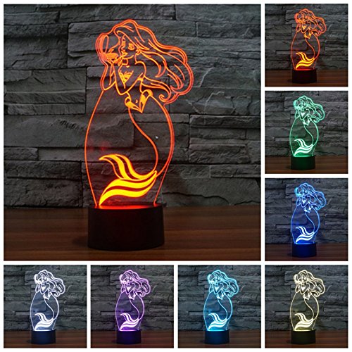 Amazing 3D illusion Effect LED Night Light Mermaid LED Desk Table Night Light Lamp 7 Color Change Acrylic Press Lamp Kids Children Holiday Gift Home Office Baby Room Decoration Night Light