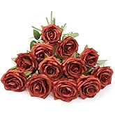 LVEFIT Artificial Rose Flowers Burnt Orange Rose Flowers Silk Flowers 12 pcs with Long Stem Silk Roses Bouquet for Wedding Bridal Shower Party Home Decoration