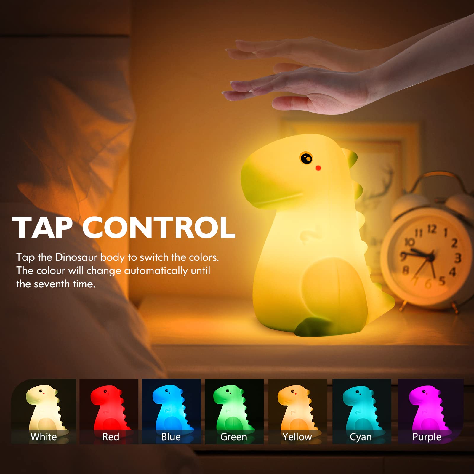 SANKEDOU Dinosaur Night Light for Kids, Touch Sensor Silicone 7 Colors Changing Room Decor Boys Girls, Rechargeable Baby Mood Lamp, Cute Bedside Lamp Gifts (Green), (YZKJ#01)