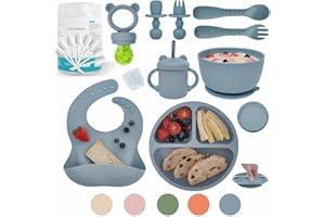 Remonda Baby Led Weaning Supplies | Silicone Baby Feeding Set Includes Suction Bowls and Plates, Baby Utensils Spoons and Forks,Cup for Toddler | Babies Eating Dishes Set 6-12 Months（Blue）