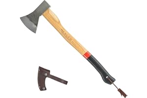 Adler The Canoe Axe - German Made Bushcraft, Kindling, Camping & Hiking Axe, Leather Sheath, German Made, Anti-Slip 19.5" Hickory Wood Handle, 1.35 Pound Head (Red Stripe)