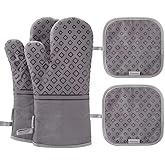 Piduules Set of 4 Oven Mitts and Pot Holders, 482 F Heat Resistant Hot Plate Moving Non-Slip Gloves for BBQ, Grill, Baking, Cooking, Oven, Microwave (Gray)