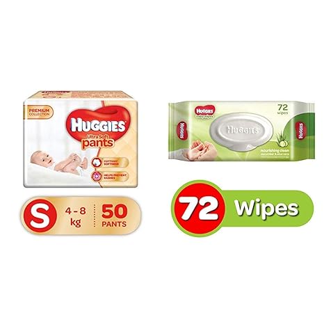 Huggies Ultra Soft Pants Diapers, Small (Pack of 50) & Huggies Cucumber and Aloe Vera Baby Wipes (72 Count)