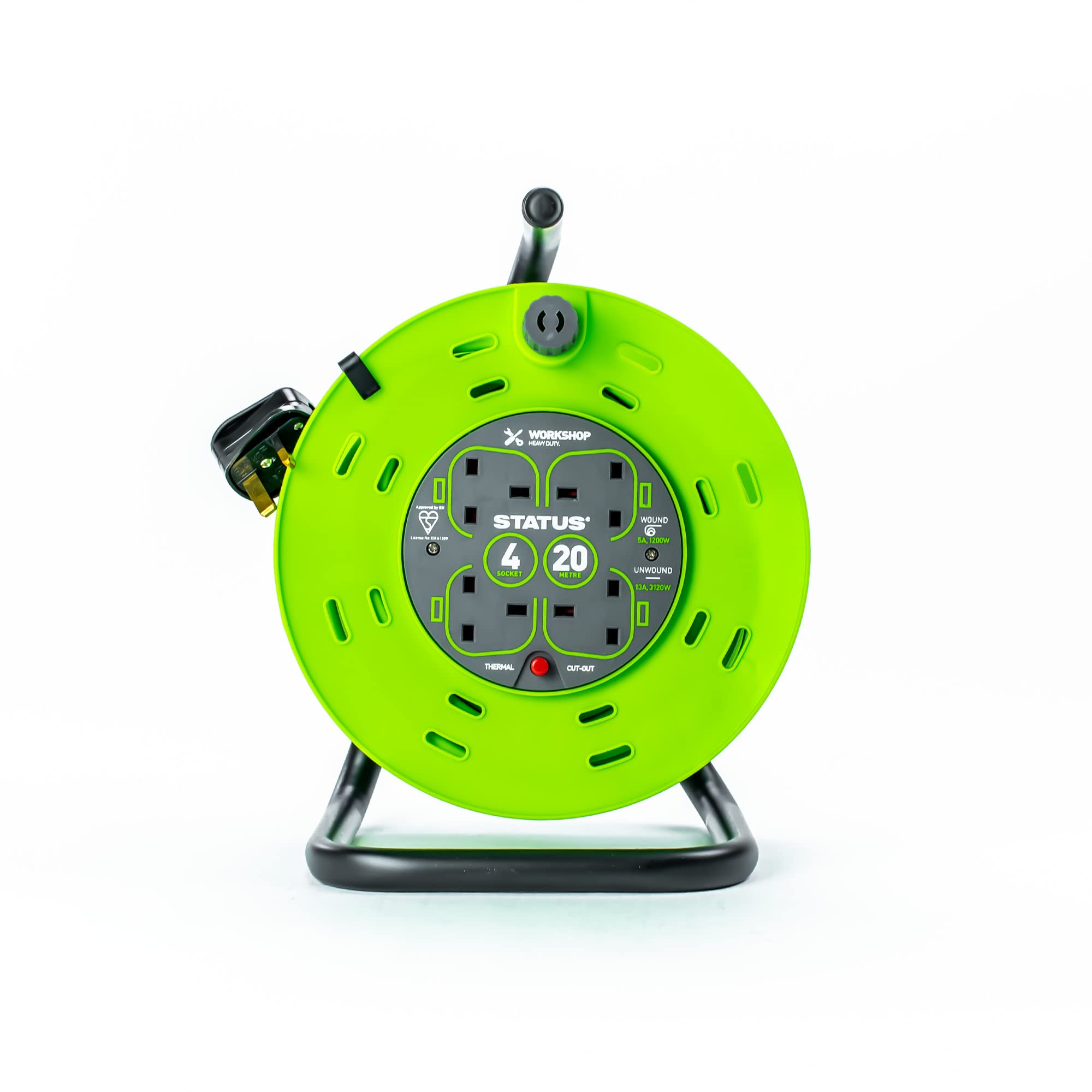 STATUS 4 Socket Cable Reel, 20m, Green, 13 Amp, Thermal Cut Out, Heavy Duty, Outdoor Extension Lead, Ideal for Garden, DIY, Workshop, Power Tools (S20M13ACR2)