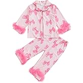 Kavousa Toddler Girl Valentines Satin Pajamas Heart&Bow Print Button Down Shirt + Pants Little Kids Baby Girls Silk Pajama