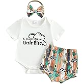 KMBANGI Western Cowgirl Baby Summer Outfits Newborn Girl Short Sleeve Letters Print T-Shirt Romper Bib Shorts Headband 0-18M