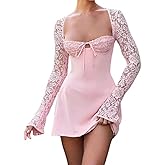 Long Sleeve Lace Mini Dress for Women Sexy Low Cut Going Out Dress Off Shoulder Hollow Floral Hip-Wrapped