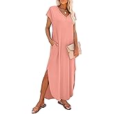 RUMIA Summer Casual Maxi Dresses for Women- Women's V Neck Cap Sleeve Long Sundress with Pockets Beach Vacation