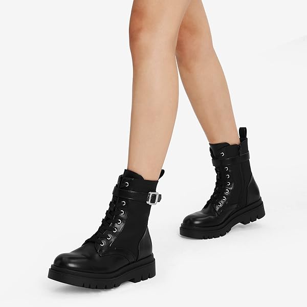 DREAM PAIRS WOMEN’S SDAB2209W-N CHELSEA PLATFORM COMBAT BOOTS LACE UP LUG SOLE BUCKLE ANKLE BOOTIES SHOES, SIZE 7.5, BLACK PU