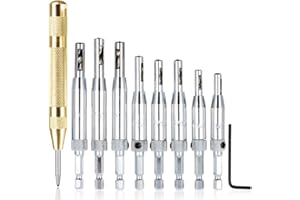 AFUNTA 8 pcs Center Drill Bit Sets with Automatic Center Punch, Self Centering Hinge Tapper Core Hole Puncher Woodworking Tools for Cabinet Door 5/64'' 7/64'' 9/64'' 11/64'' 13/64'' 5mm 1/4''
