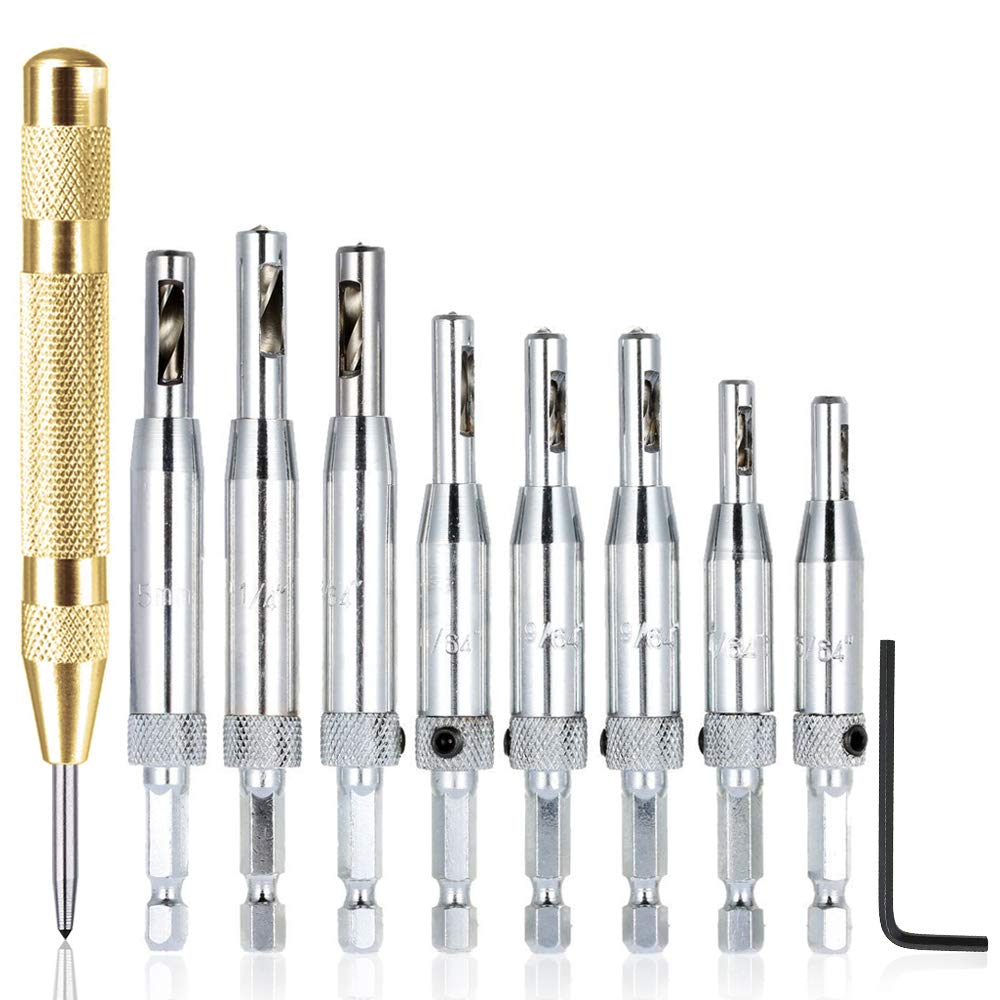 Photo 1 of AFUNTA 8 pcs Center Drill Bit Sets with Automatic Center Punch, Self Centering Hinge Tapper Core Hole Puncher Woodworking Tools for Cabinet Door 5/64'' 7/64'' 9/64'' 11/64'' 13/64'' 5mm 1/4''