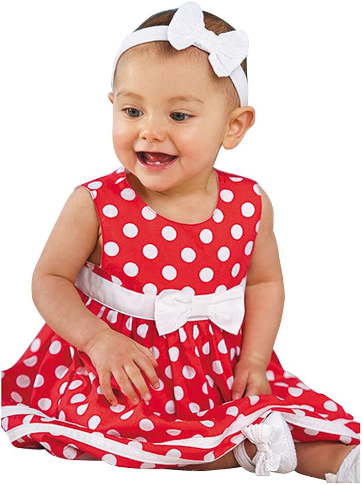 Rorychen Cute Sleeveless Baby Girls Dress with Bowknot Polka Dot Dress(0-24M)