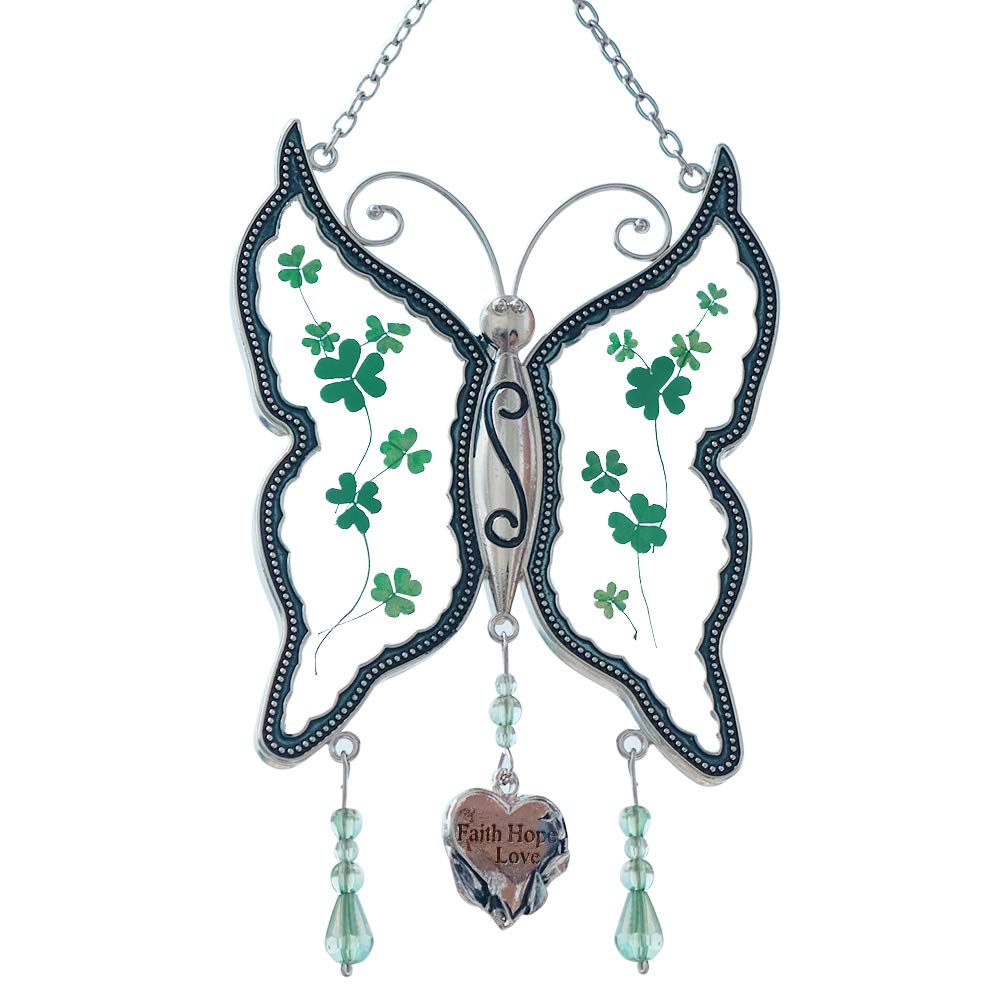 Cos2be Butterfly Suncatcher with Pressed Flower Wings in Glass Ornament for Window Silver Metal Wind Engraved Charm - Gifts for Sister Mom Grandma Birthdays Christmas St.Patrick's Day with Gift Boxes