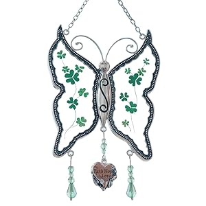 Cos2be Butterfly Suncatcher with Pressed Flower Wings in Glass Ornament for Window Silver Metal Wind Engraved Charm - Gifts for Sister Mom Grandma Birthdays Christmas St.Patrick's Day with Gift Boxes