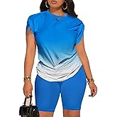 PINSV Women 2 Piece Outfits Summer Sweatsuits Biker Short Workout Jogger Sets