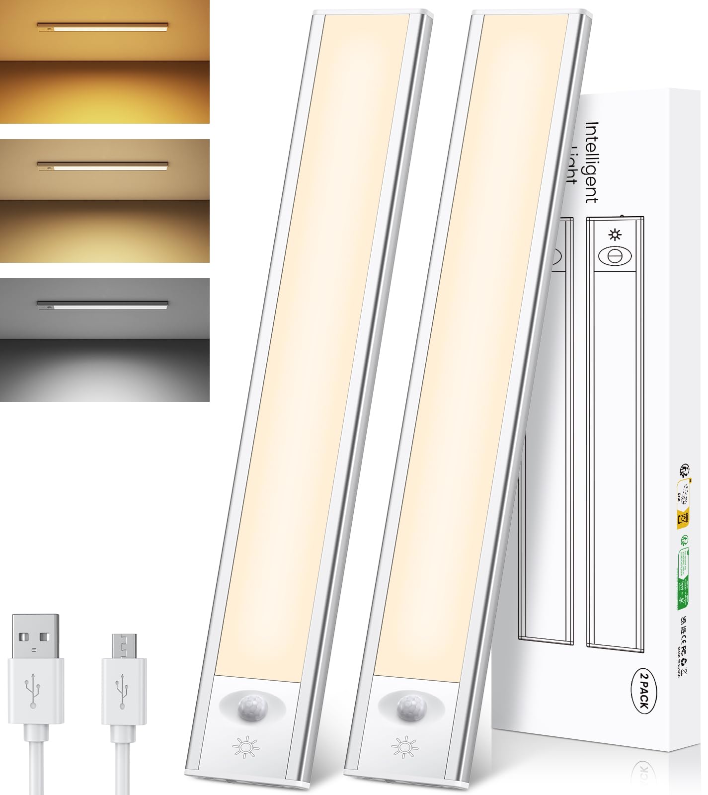 Under Cabinet Kitchen Lights 84LED, 2 Pack Motion Sensor Lights Indoor Under Cupboard Kitchen Light (32cm), Rechargeable Cupboard Lights Magnetic Wardrobe Lights for Closet, Kitchen, Stair, Hallway