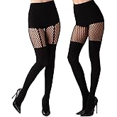 Hoxcaki Faux Thigh High Tights Mock Suspender Pantyhose Black Fishnet Tights Over the Knee Goth Stockings Pack of 2