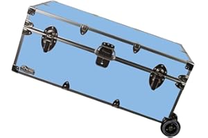 C&N Footlockers - Full-Size Happy Camper Trunk w/Wheels - #1 Summer Camp Trunk - Made in the USA - Steel Footlocker with Lid Stay - 32 x 18 x 13.5 Inches (Light Blue)