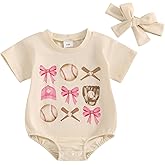 Newborn Baby Girl Baseball Outfit Pink Bow Baseball Romper Short Sleeve Bubble Bodysuit Infant Summer Clothes