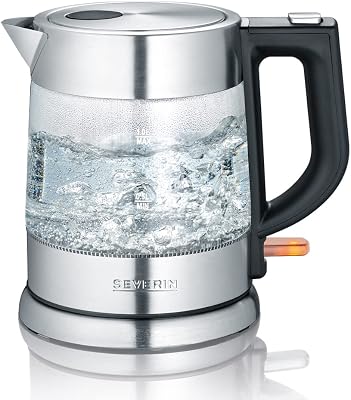 Chaleira de vidro SEVERIN, Jarro de ebulição de água de conexão sem fio, potente e compacto, chaleira elétrica com filtro anticalcário, aço inoxidável/preto, WK 3468