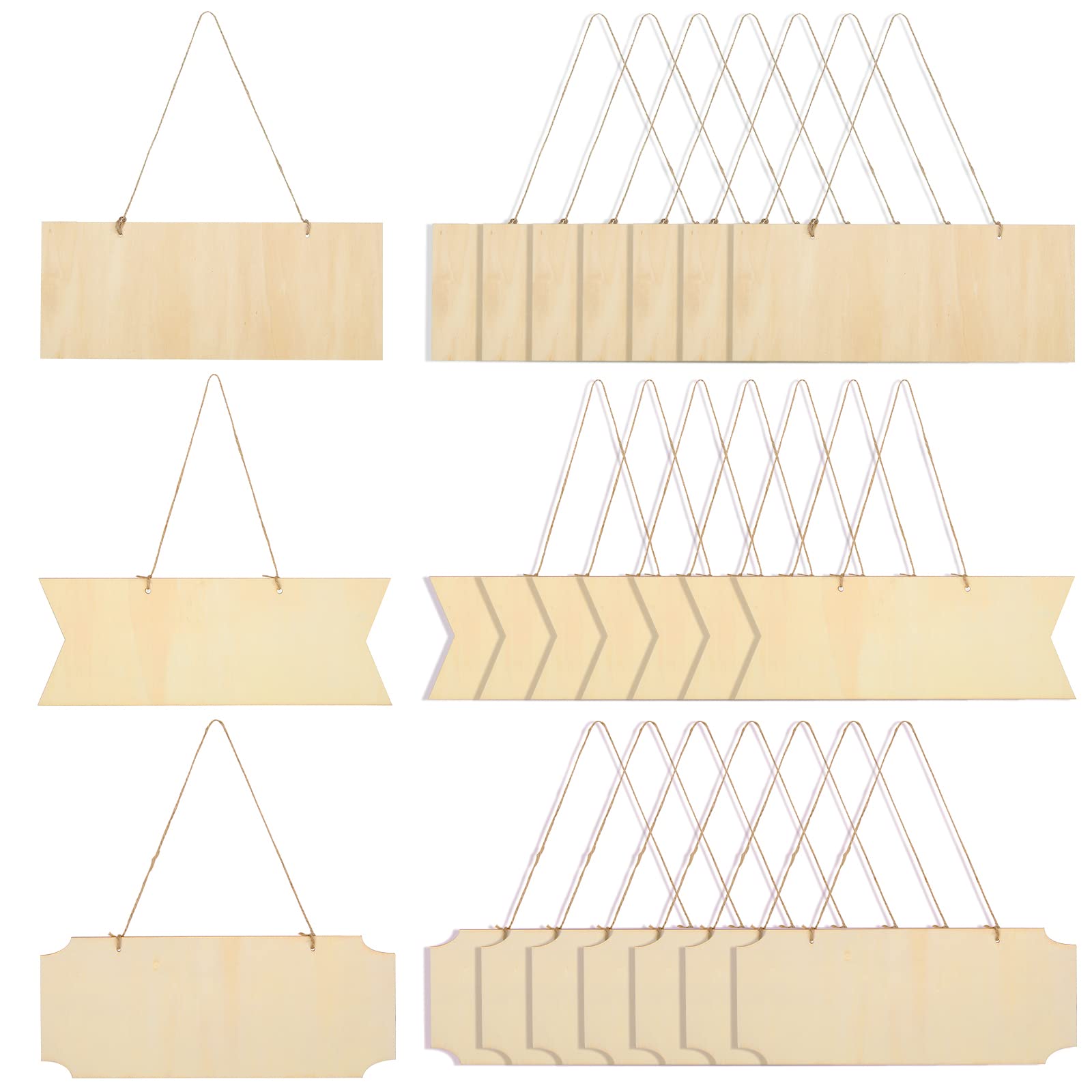 GOYADA 24PCS Hanging Wooden Plaques Sign Blanks with Rope, 25x10cm Rectangle Hanging Craft Blanks for DIY Painting Writing Home Decor
