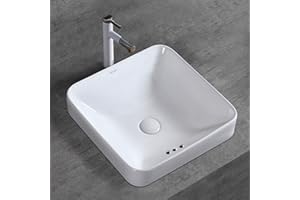 WinZo WZ6173 Bathroom Semi-Recessed Vessel Sink,Square Modern Design,Drop-in Vanity Countertop Porcelain Ceramic Basin White 16.5" x 16.5" x 6.75"
