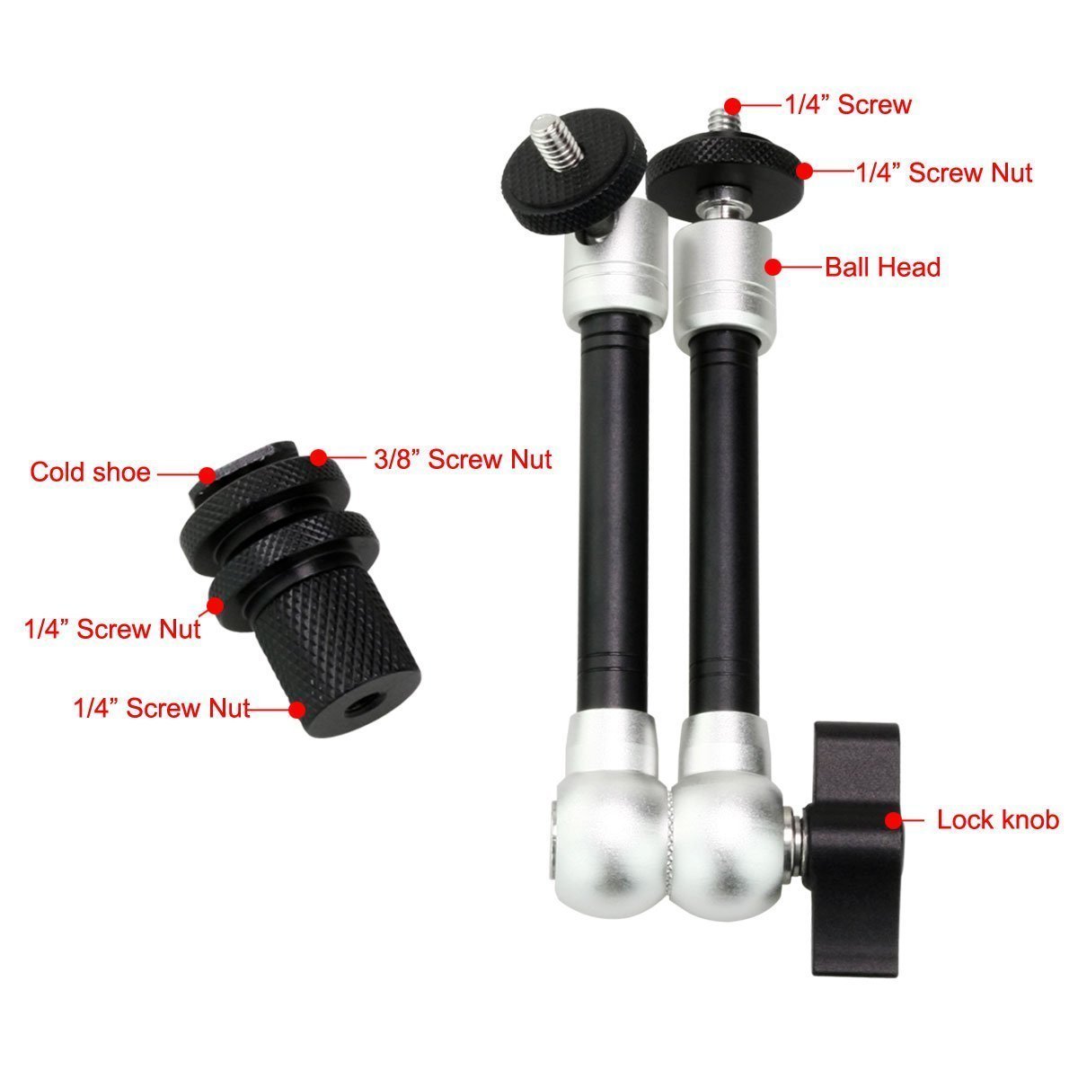 Magic Arm, CAM-ULATA 11 Zoll Einstellbar Reibung Articulating Magic Arm für Hot Shoe Mount DSLR Kamera Rig LCD DV Monitor / LED Leuchtet Taschenlampe Dolly Auto, Silber, 28cm / 11 \