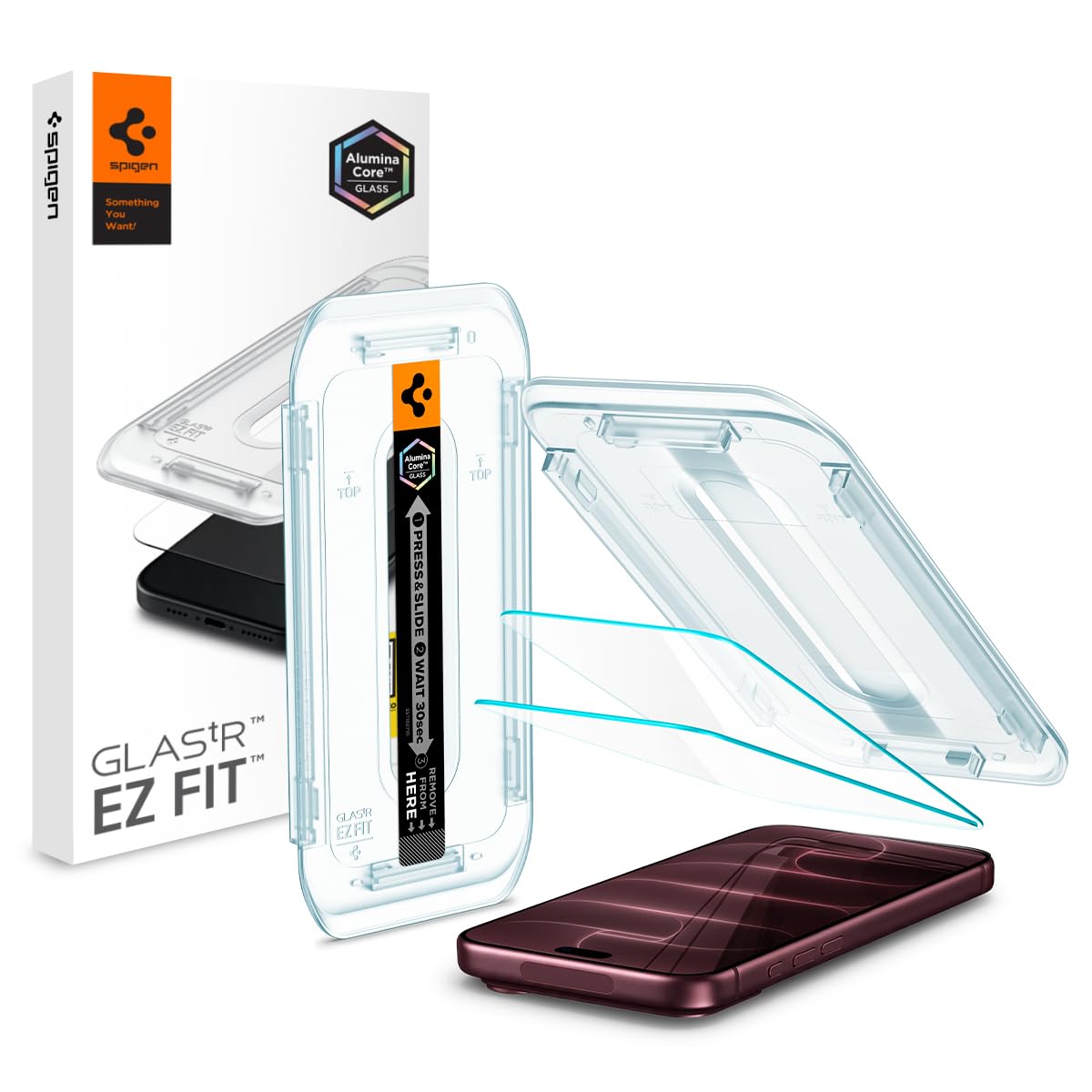 Spigen 아이폰 18 프로 맥스, 17 프로 맥스, 16 프로 맥스용 액정보호필름 | GlasTR EZ 핏, AluminaCore 알루미늄 강화 9H+ 강화 유리, 자동 정렬 트레이, 100% 선명도, 케이스 친화적, 2