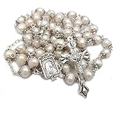 Jirehjill Rosary Beads Catholic for Woman - White Natural Real Pearl Rosary Beads.