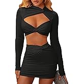 XinFSh Women's Sexy Two Piece Skirt Set Long Sleeve Crop Top Cut Out Twist Front Bodycon Mini Dress Party Club Outfits