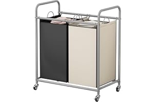 SUOERNUO Laundry Sorter Basket 2 Bag Laundry Hamper Cart with Rolling Lockable Wheels and Removable Bags Laundry Organizer Cart for Clothes Storage, Assorted