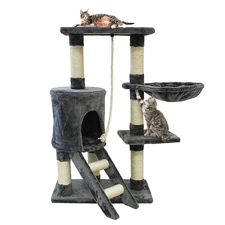 Todeco - Kratzbaum, Katzen Kletterbaum - Material: MDF - Abdeckmaterial : Samt - 90cm, 4 Schubladen, Grau