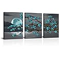Visual Art Decor Turquoise Flowers Wall Art Teal Magnolia Full Moon Sea Seascape Canvas Prints, Framed Art, Turquoise Bedroom Living Room Home Office Decoration 3 Pieces